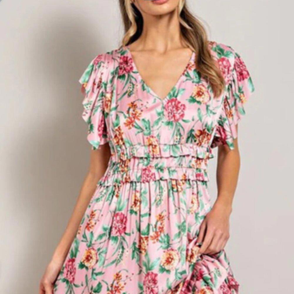 eesome Women's Out to Tea Midi Dress Pink Floral V Neck Size Large - Picture 9 of 9